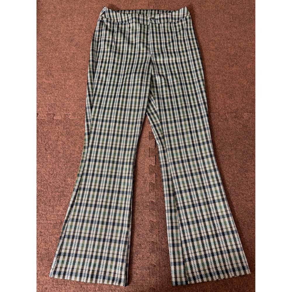 Womens‎ Plaid Flare Leg Pants Olive Green Black Check Stretchy High Rise 26x26